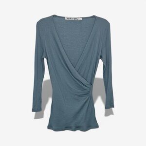Michael Stars Blue 3/4 Sleeve Faux Wrap Knit Top